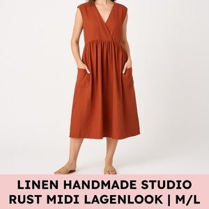 Linen Handmade Studio Linen Rust Midi Dress Pockets Cottagecore Lagenlook M/L